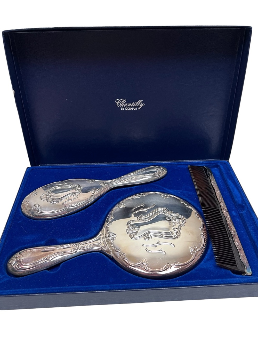 Gorham Chantilly Silverplated Dresser Set Hand Mirror Brush Comb  Original Box